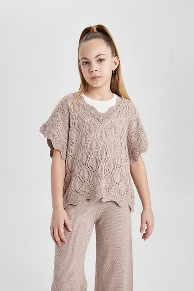 DeFacto Girl's V Neck Short Sleeve Knitwear Sweater C0538A824Sm