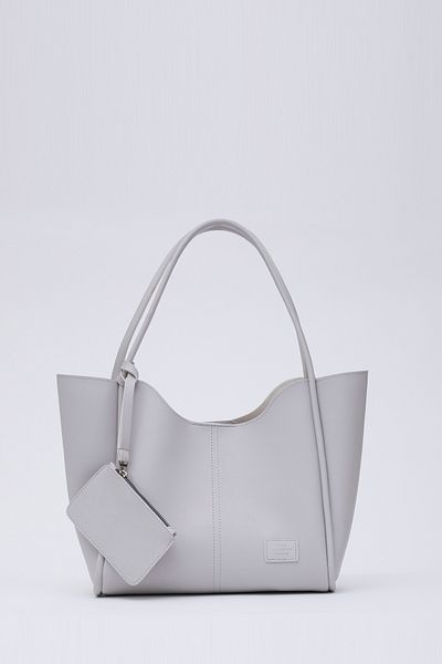 SHAKA Gray Shk108 Women's Hand and Shoulder Bag with Snap Fasten Faux Leather Wallet and Makeup Bag L:25 E:38 W:15 cm