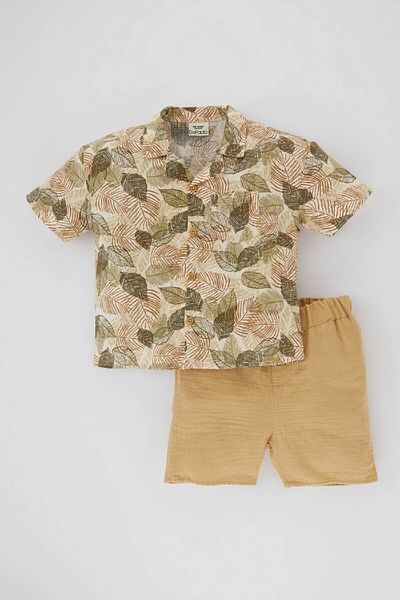 DeFacto Tropical Print 2-Piece Poplin Set for Baby Boy - Shirt and Shorts B9260A524Sm