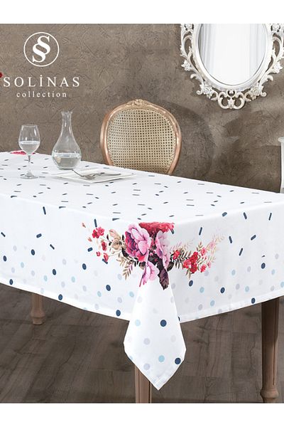 Solinas Collection Față de masă din bordură Coral Rose, albastru crem, imprimată digital