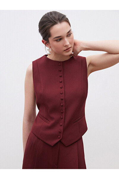LC Waikiki Soulife Bordo Bisiklet Yaka Krep Kadın Klasik Yelek