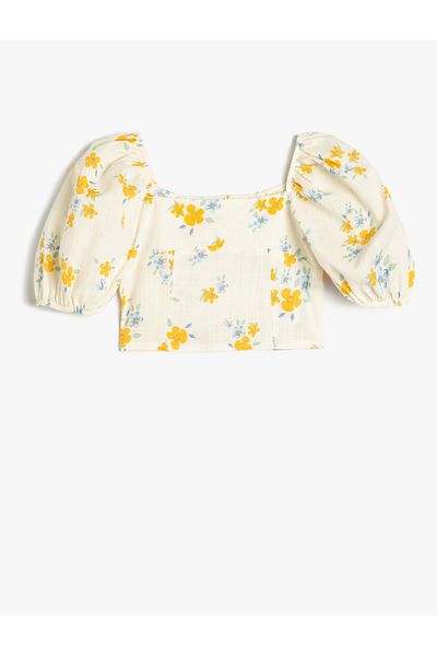 Koton New Season Floral Patterned Cotton Square Neck Balloon Sleeve Crop Blouse