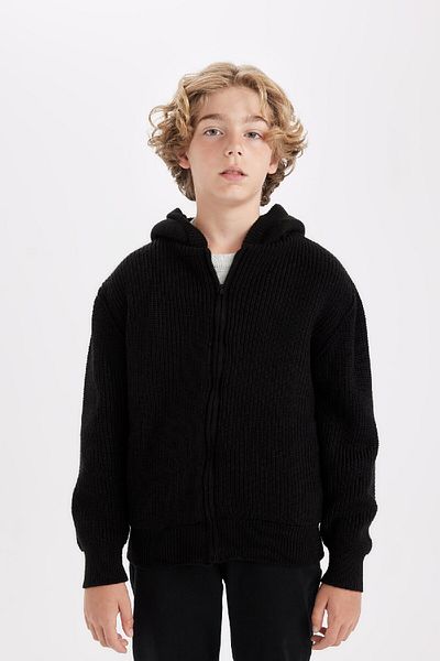 DeFacto Boy's Basic Plain Knitwear Fleece Inside Hooded Zippered Black School Cardigan U4282A624Au