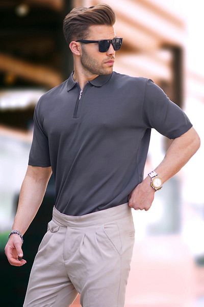 Madmext Anthrazitfarbenes Rollkragen-Strick-T-Shirt mit Reißverschluss 6885