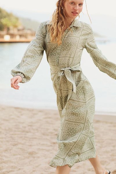 DeFacto Patterned Shirt Collar Aerobin Midi Dress - Long Sleeve and Belted C2501ax24sm