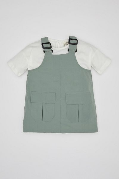 DeFacto Adjustable Strap Dress and Short Sleeve T-Shirt for Baby Girl 2 Pieces Set - Parachute Fabric C2272A524Sm