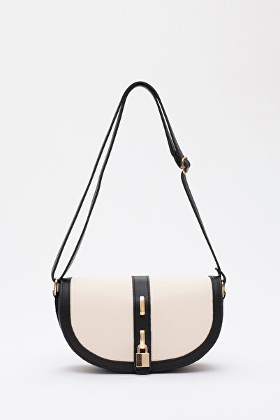 SHAKA Μαύρη κρεμ Κλειδαριά Shk92 Λεπτομερής τσάντα χεριού, μπράτσου και ώμου από συνθετικό δέρμα μονής θήκης με κουμπωτά L:15 E:25 W:6