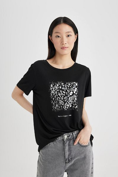 DeFacto Tričko s krátkým rukávem s potiskem Crew Neck Foil C2124AX24SP