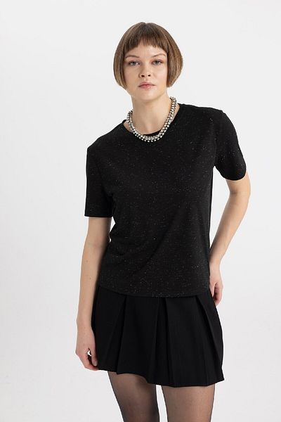 DeFacto Relax Fit Crew Neck Glitter Fabric Short Sleeve Black T-Shirt C1662Ax24Sp