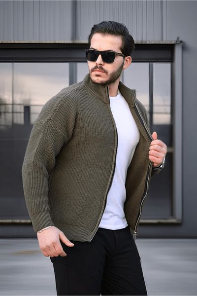 Valiberta Oversize Thessaloniki Knitted Zippered Men's Cardigan - Khaki
