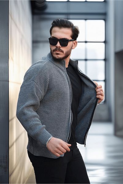 Valiberta Men's Knitted Zippered Oversize Cardigan - Smoked