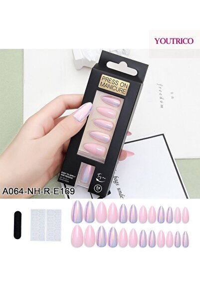Youtrico 24 أظافر صناعية صناعية، مرآة ليزر بمقياس، وردية جميلة، شكل قطرة.