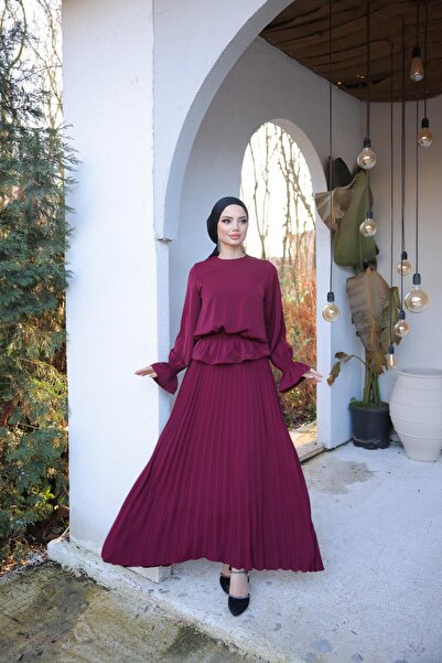 H HİJAB CENTER Bordo Piliseli Etekli Takım Nsr5076