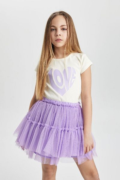 DeFacto Girl's Rib Printed Crew Neck Slim Fit T-Shirt - C2954A824Sm