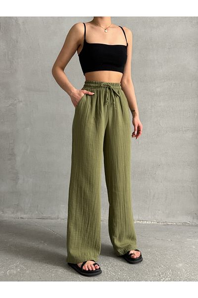 BEJNA Khakifarbene Palazzo-Hose aus Musselin für Damen