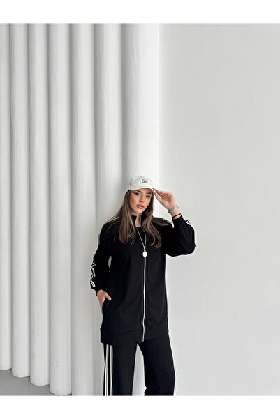 Basicpark Black Women's Stand-Up Collar Zipper Closure Side Pocket Detailed Striped Cotton Loose Wide Leg Knitted Bottom Top Set