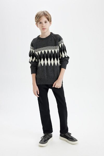 DeFacto Boy's Crew Neck Diamond Patterned Knitwear Sweater C3138A824Cw