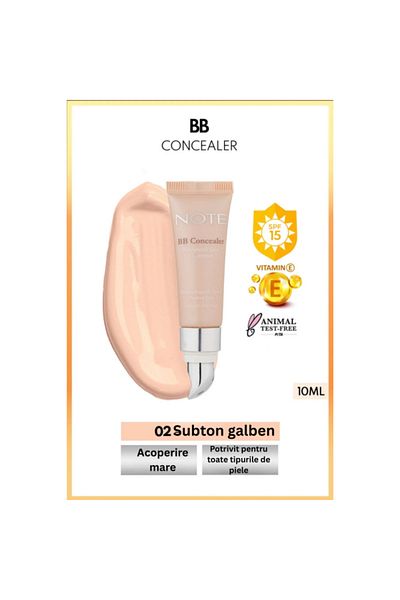 NOTE Bb Concealer Spf 15 Corector Intens Acoperire cu Aplicator Metalic,subton galben - 02 Mediu Deschis
