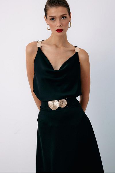 Sateen Casual Blouse with Shoulder Accessory - Black