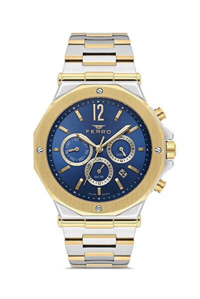FERRO Yellow and Silver Steel Band Men's Wristwatch Fm43020A-D3 All Functions...
