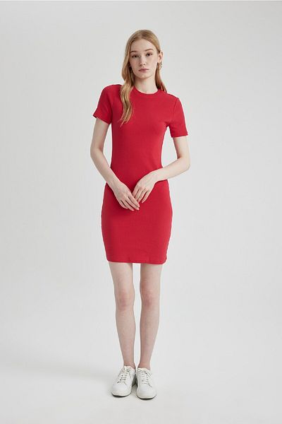 DeFacto Crew Neck Ribbed Bodycon Mini Dress - Short Sleeve, C1503Ax24Sp