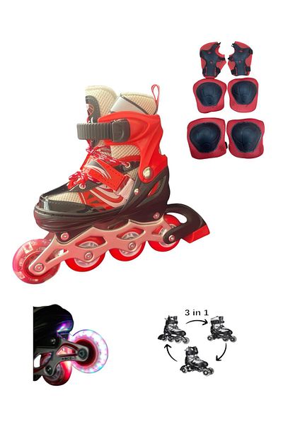 crayz toys Lighted Silicone Wheel - Metal Body 2+2 Adjustable Children & Adult Skates + Knee Pads