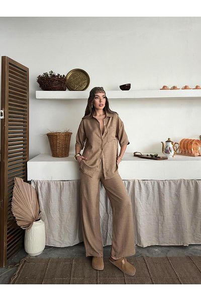 Jeevee Beige Linen Textured Oversize Shirt and Palazzo Pants Set