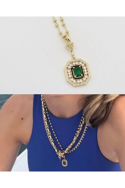 LeyyaJewelry قلادة سيريناي ستيل مع سلسلة من الحجر الأخضر
