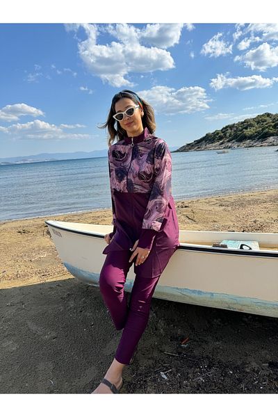 Emayo Full Covered Hijab Swimsuit Pera Purple Flower