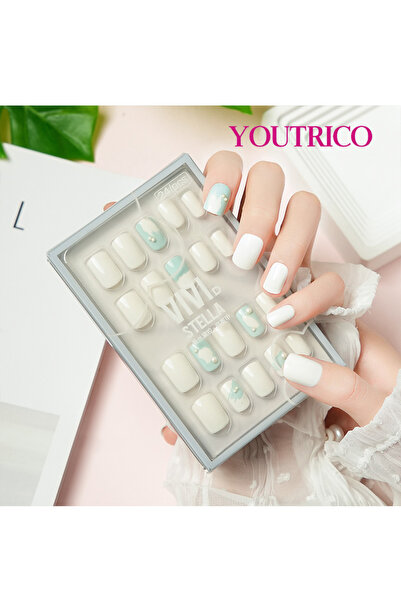 Youtrico 24 أظافر صناعية، موديل يومي بسيط، لآلئ صغيرة، صالون أظافر يدوي، أظاف...