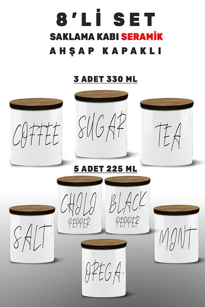 Bytwo Salt-Black Pepper-Pul Pepper-Tea-Sugar-Coffee-Spice Set-Mint-Thyme 8 Pieces Storage Container - 8Mdl4