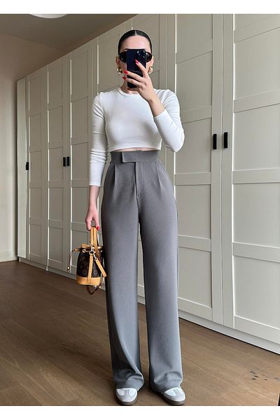 Livik Gray Women's Lycra Velcro Closure Palazzo Trousers