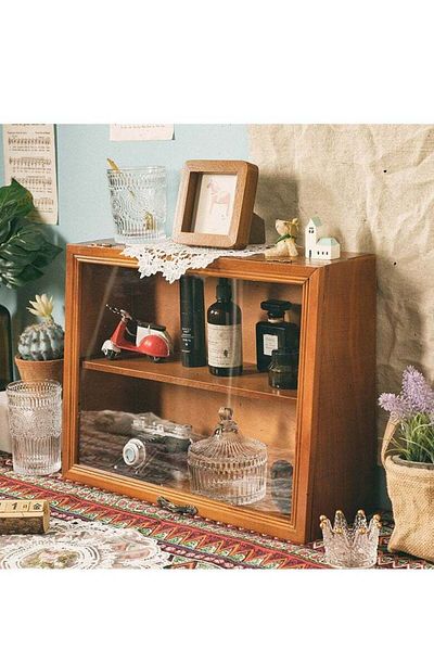 COOYA 2-Shelf Collectibles Display Cabinet with Clear Acrylic Doors for Bedroom, Living Room, Brown