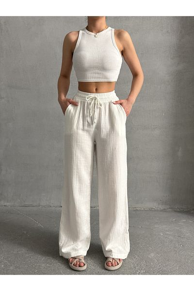 BEJNA Ecru Musselin Palazzo-Hose für Frauen