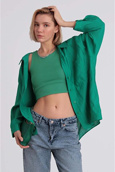 Fast Perry Cămașă verde supradimensionat pentru femei, cu umăr dezactivat