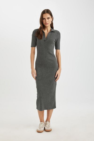 DeFacto Bodycon Polo Neck Ribbed Camisole Short Sleeve Midi Dress C2893AX24SP