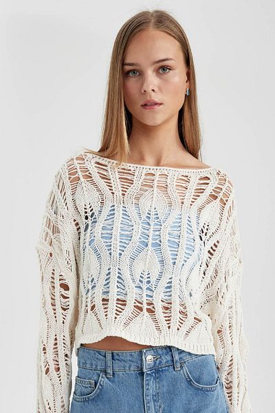 DeFacto Coool Relax Fit Open Shoulder Crochet Knitwear Sweater C2585Ax24Sp