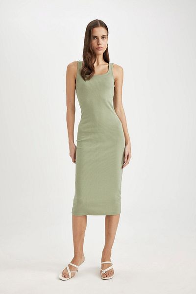 DeFacto Bodycon Body-fit Basic μονόχρωμο τετράγωνο λαιμόκοψη με ραβδώσεις αμάνικο μίντι φόρεμα Z7577az24sm