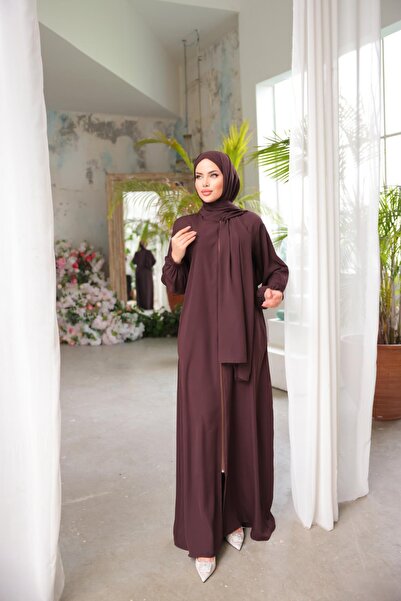 H HİJAB CENTER Acı Kahve Medine Ipeği Şallı Namaz Elbisesi 5047