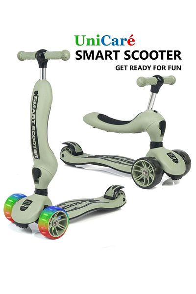 UniCare Smart Seat Children's Scooter 3 Wheel Led Light Scooter Height Adjustable 1-5 Years Old Military Green