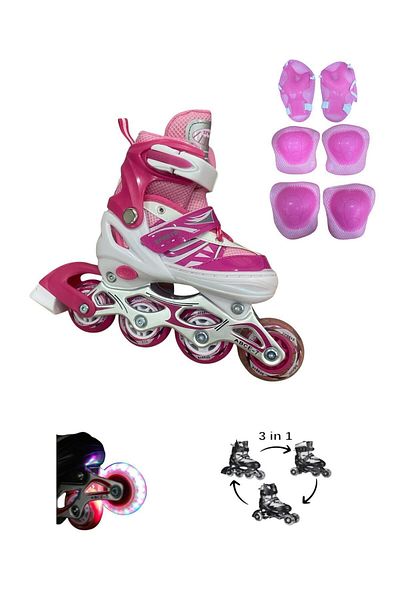 crayz toys Lighted Silicone Wheel - Metal Body 2+2 Adjustable Children & Adult Skates + Knee Pads