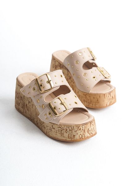 bolemo Beige Trock Women's Wedge Heel Slippers