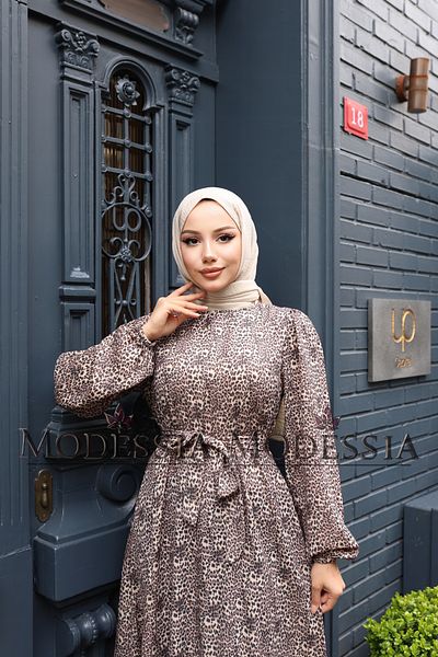 modessia ΓΥΝΑΙΚΕΙΟ Καφέ Σατέν Λεοπάρ Μακρύ Φόρεμα Hijab με Ζώνη S9568