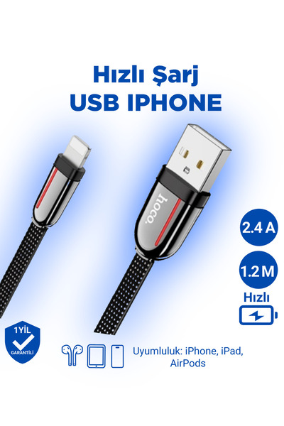 Hoco U74 2.4a Iphone Uyumlu Lightning To Usb Hızlı Şarj Veri Kablosu Siyah 1....