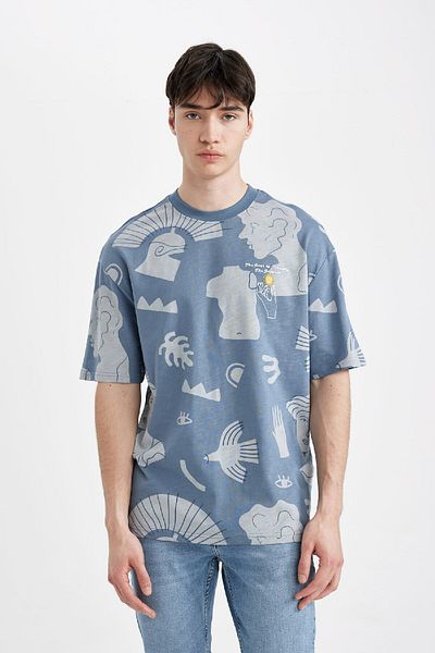DeFacto Comfort Regular Fit Άνετη εφαρμογή με λαιμόκοψη κοντομάνικο μπλουζάκι C3488ax24sp