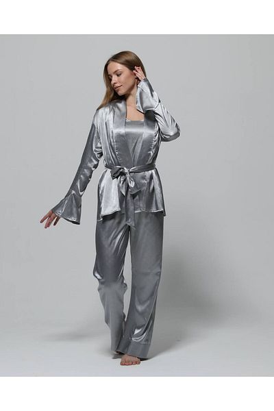 saviniboutique Savi̇ni̇ Victoria Women's Satin 3-Piece Pajama Set with Straps Inside and Dressing Gown