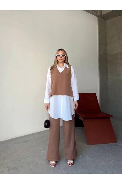 LE CARAMBOLE Set de trei piese pentru femei, cu broșă din nurcă, cămașă și pantaloni