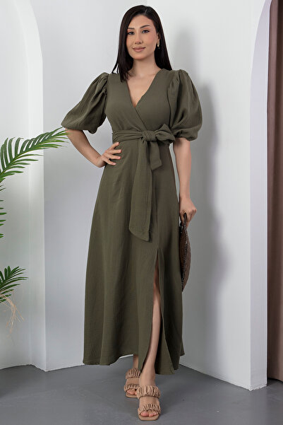 PULLIMM Kruvaze Yaka Yırtmaçlı Bağlamalı Keten Elbise NY4558