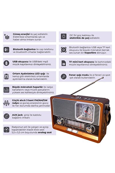 UpWay Güneş Enerjili Fenerli Şarjlı Retro Bluetooth Hoparlör FM AM SW Nostaljik Acil Durum Radyosu