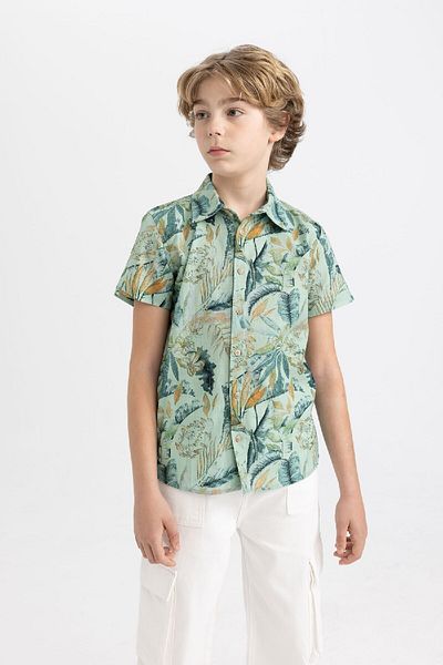 DeFacto Boy's Polo Neck Linen Look Patterned Short Sleeve Shirt C3424a824hs